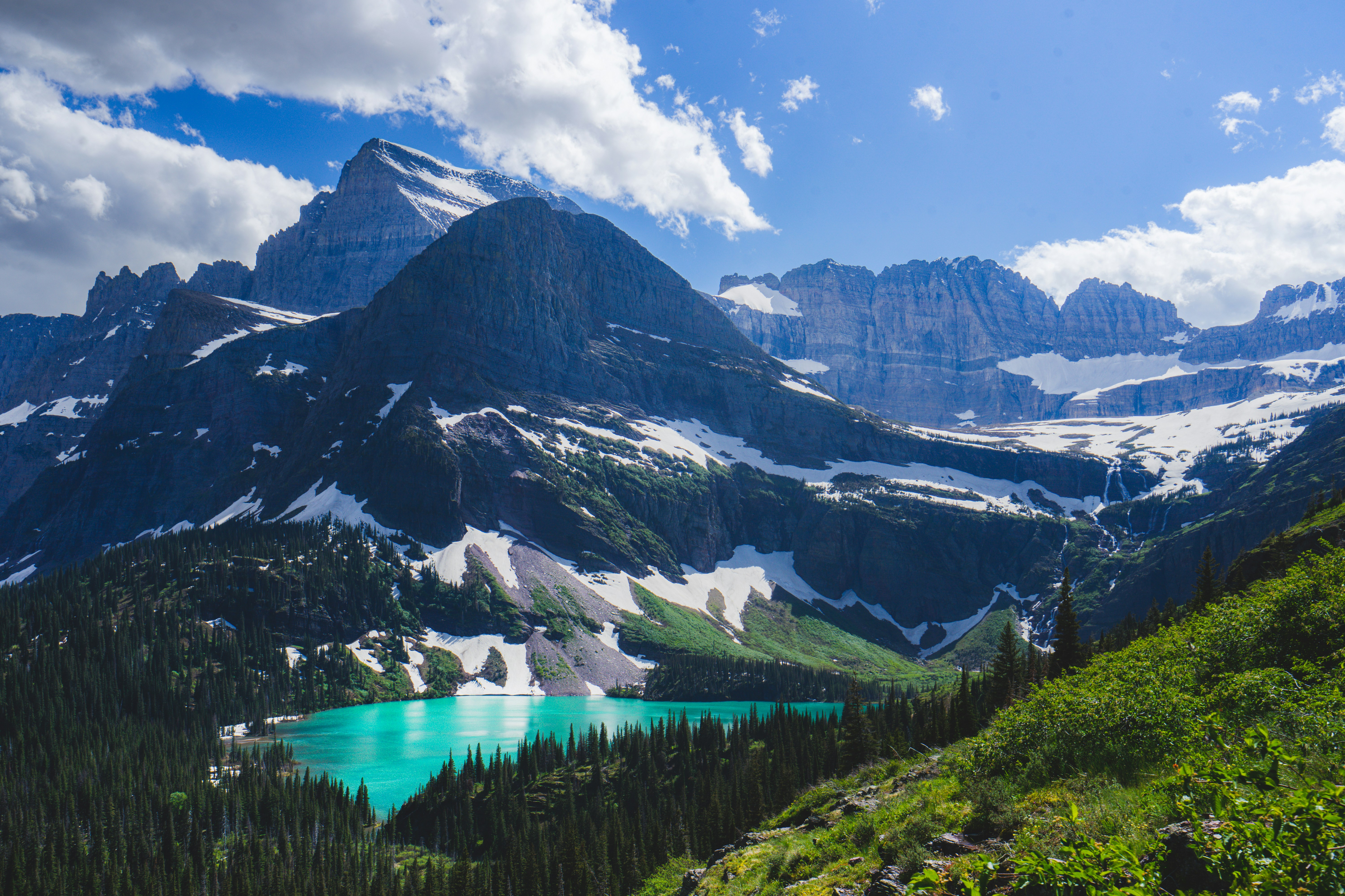 Mountain peaks and an alpine lake in Glacier National Park